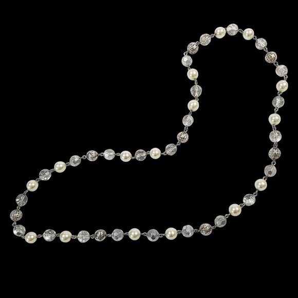 Crystals and Faux Pearls Rope Necklace with Silver Filigree Beads - Picture 8 of 9